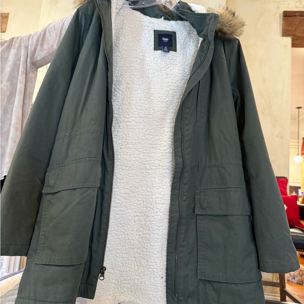 GAP Olive Utility Jacket with Faux Fur Hood